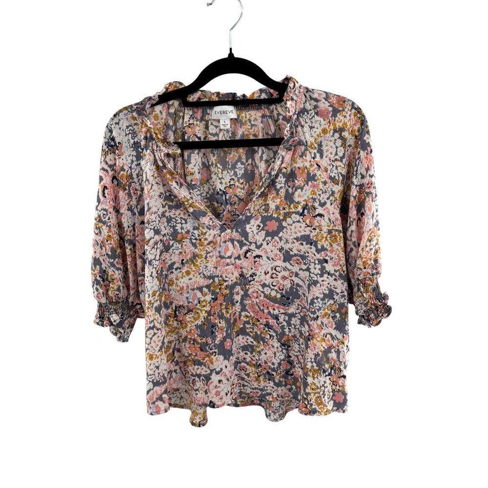 EVERVE Womens Floral Print Ruffled Neck 3/4 Sleeve Blouse Top Size S